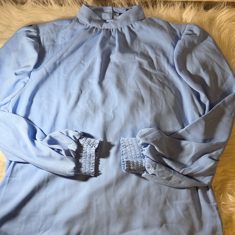 New York & Company Light Blue Smock Neck Luxe Blouse